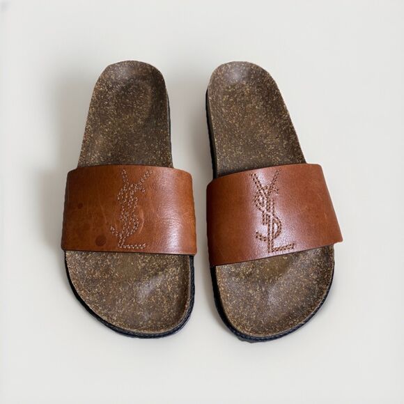 SAINT LAURENT Brown Leather YSL Logo Stitch JOAN Flats Slides Sandals 40 Italy - Picture 1 of 7